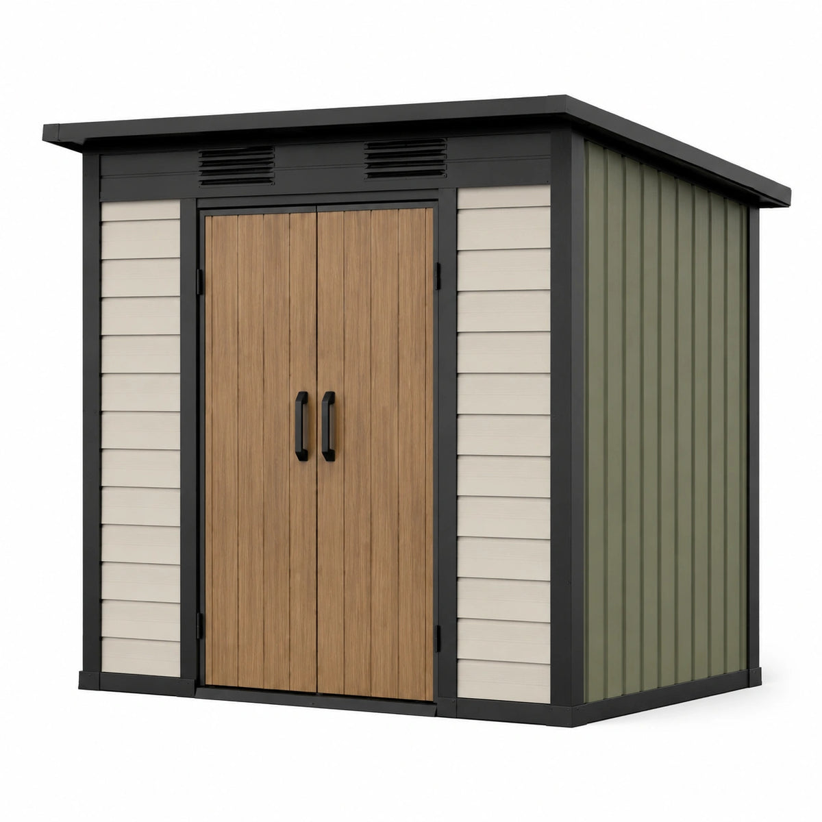 Metall-Gartenhaus 213 × 130 × 190 cm mit Doppeltür in Holzoptik, Grün/Beige/Schwarz/Braun