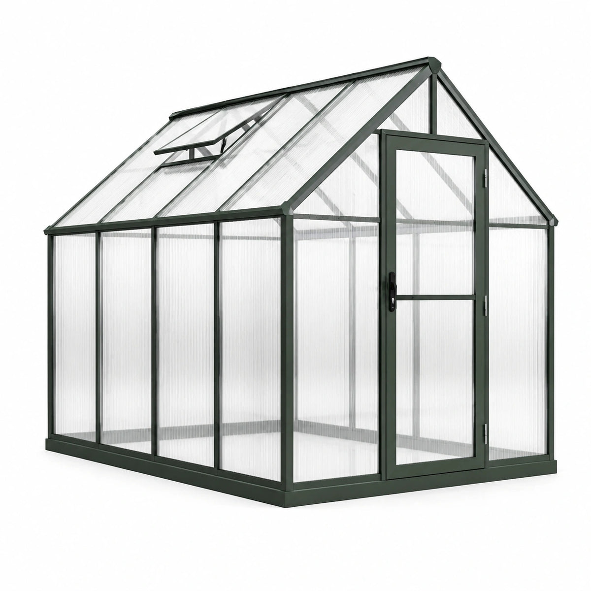 Garten-Gewächshaus 190 × 190 × 195 cm aus Aluminium und Kunststoff, Dunkelgrün/Transparent, mit Tür und Dachfenster