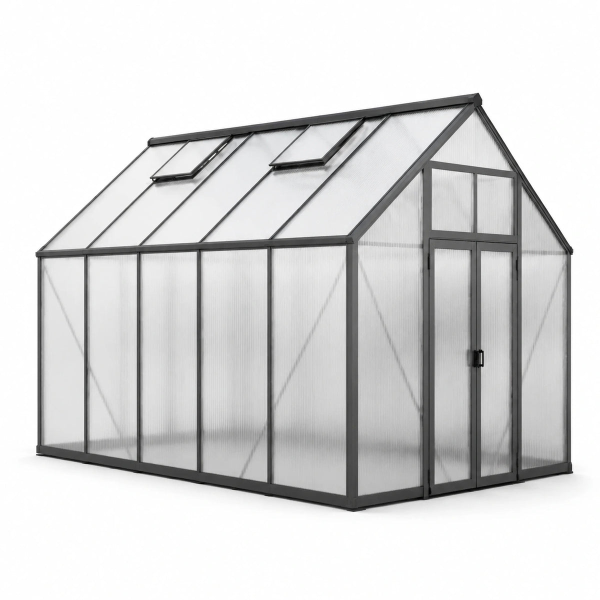 Gewächshaus 240 × 190 × 195 cm aus Aluminium und Polycarbonat, Schwarz/Transparent, mit 2 Dachfenstern