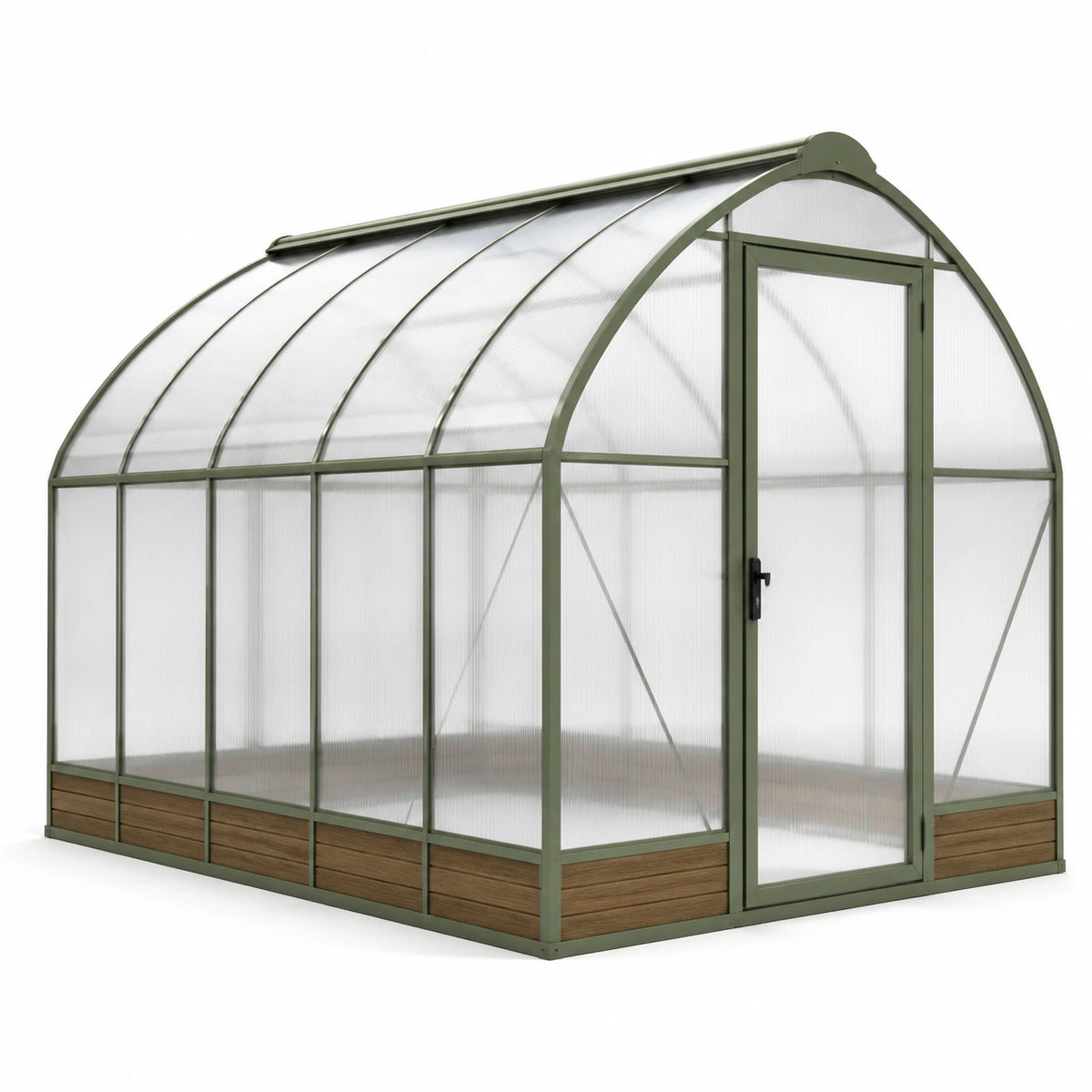 Gewächshaus aus Aluminium und Polycarbonat, 300 × 200 × 220 cm, Grün/Transparent/Braun, mit Flügeltür