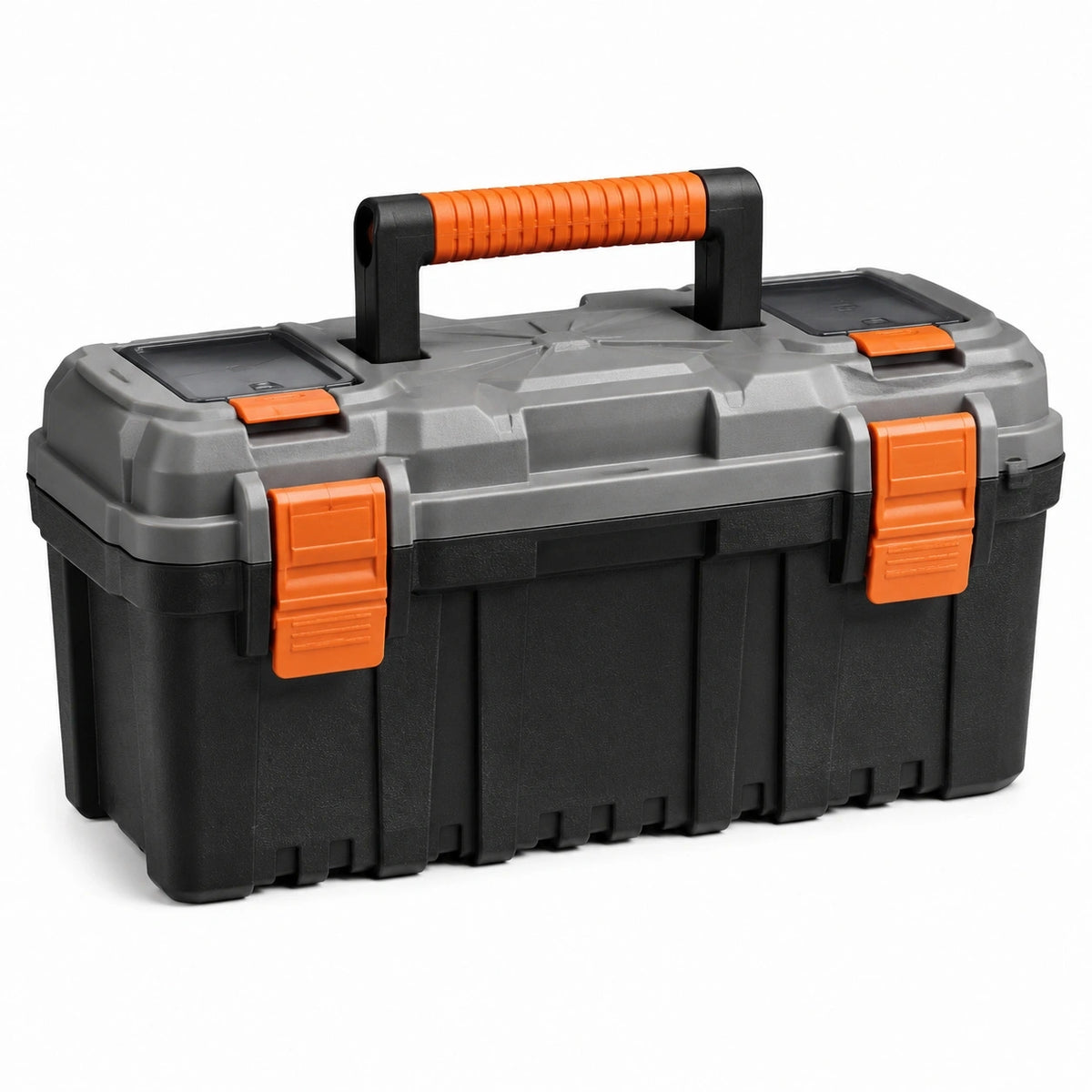 Werkzeugkoffer aus Kunststoff, 48 × 25 × 24 cm, mit Tragegriff, Deckelfächern und Verschlüssen, Schwarz/Grau/Orange