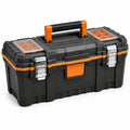 Kunststoff-Werkzeugkoffer 50 × 25 × 25 cm mit Tragegriff und Sortierfächern, Schwarz/Orange
