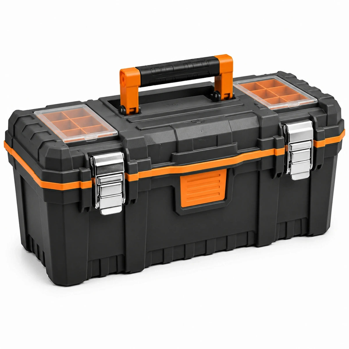 Kunststoff-Werkzeugkoffer 50 × 25 × 25 cm mit Tragegriff und Sortierfächern, Schwarz/Orange