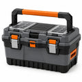 Robuster Werkzeugkoffer 50 × 30 × 28 cm Grau/Schwarz/Orange mit transparenten Organizerfächern und Tragegriff