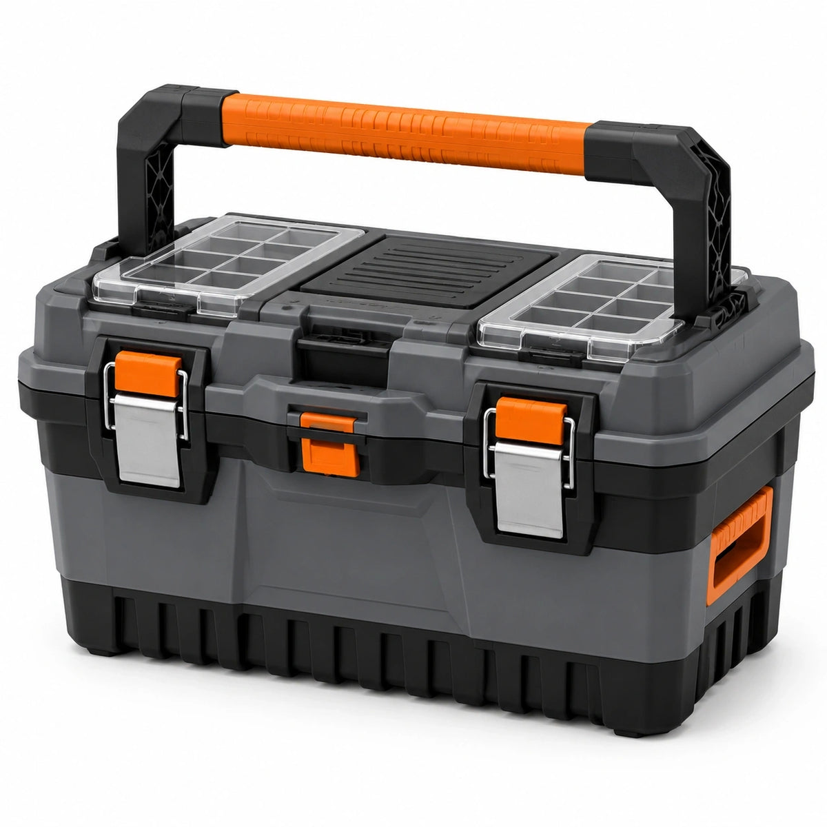 Robuster Werkzeugkoffer 50 × 30 × 28 cm Grau/Schwarz/Orange mit transparenten Organizerfächern und Tragegriff