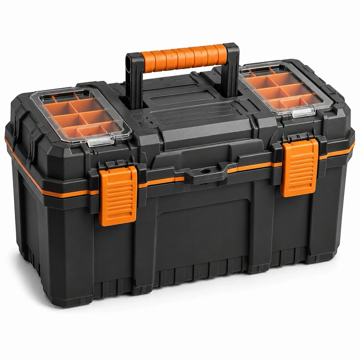 Kunststoff-Werkzeugkoffer 50 x 27 x 25 cm mit Sortierfächern und Tragegriff, Schwarz/Orange/Transparent