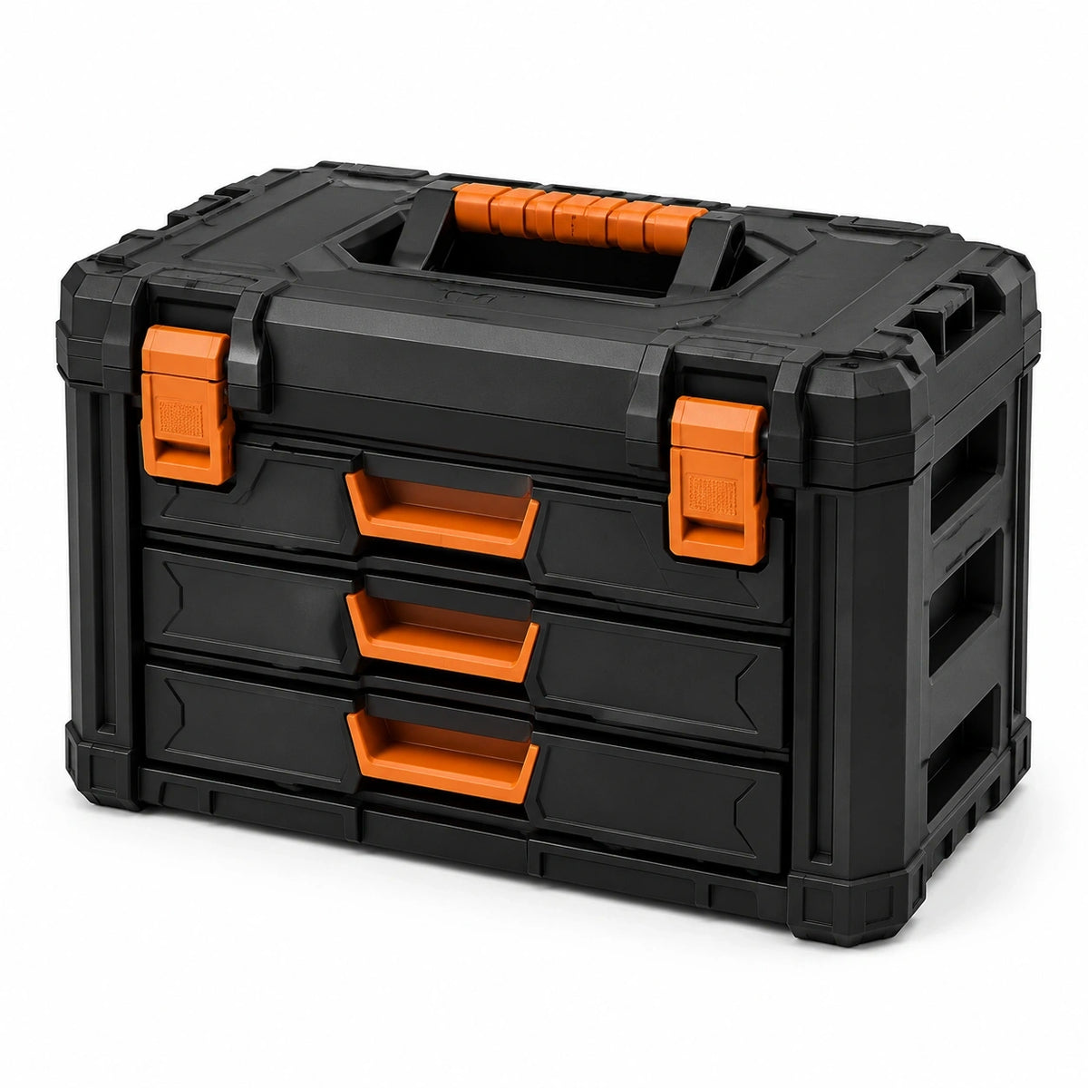 Kunststoff-Werkzeugkoffer mit 3 Schubladen, Tragegriff, 55 × 35 × 33 cm, Schwarz/Orange