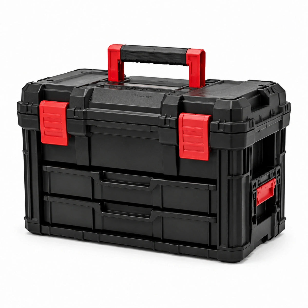 Werkzeugkoffer mit 2 Schubladen, Tragegriff und Klappdeckel, 60 × 35 × 32 cm, Schwarz/Rot