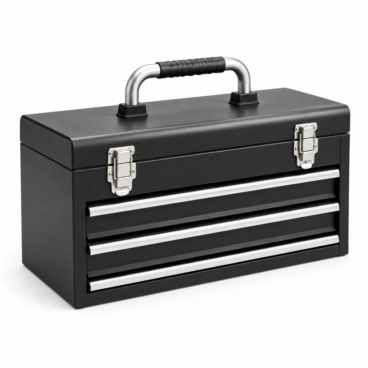Tragbarer Stahlkoffer mit 3 Schubladen und Klappdeckel, 50 × 25 × 30 cm, Schwarz/Silber