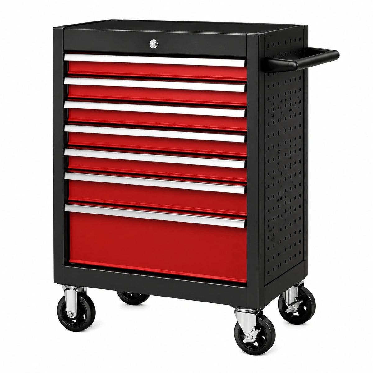 Abschließbarer Werkzeugwagen aus Stahl, 78 × 46 × 97 cm, mit 8 Schubladen, Rot/Schwarz/Silber