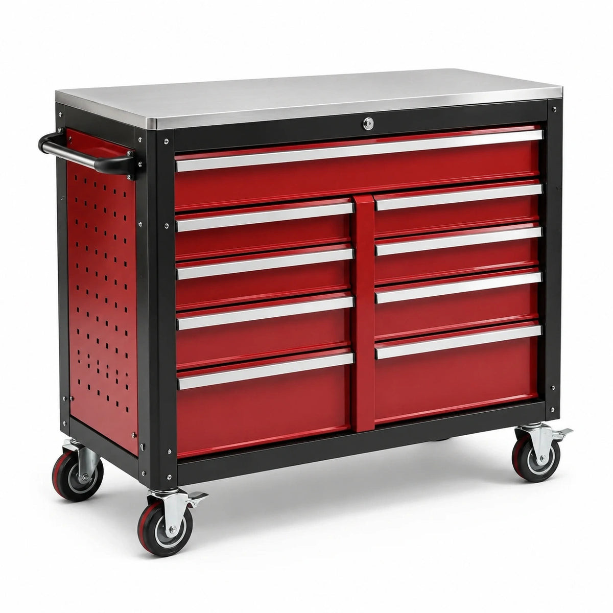 Werkstattwagen aus Metall mit 9 Schubladen, 100 × 50 × 95 cm, Rot/Schwarz/Silber
