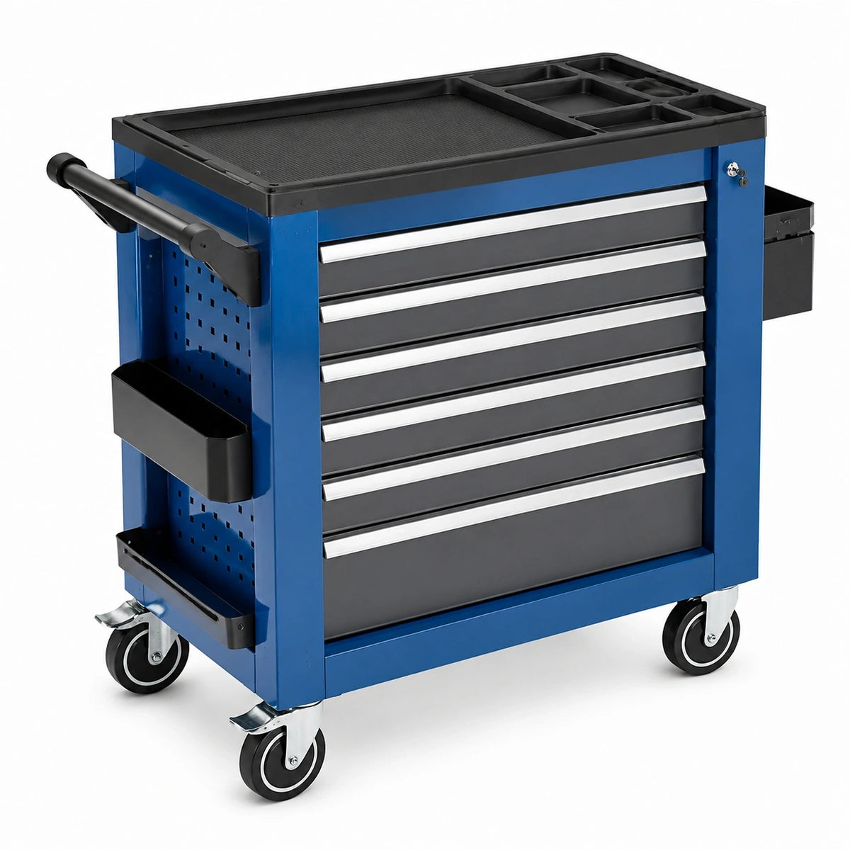 Werkstattwagen aus Stahl in Blau/Schwarz/Silber, 77 × 46 × 97 cm, mit 6 Schubladen und Rollen