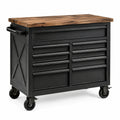 Rollbarer Werkstattwagen 120 x 60 x 90 cm aus schwarzem Metall mit brauner Holzarbeitsplatte