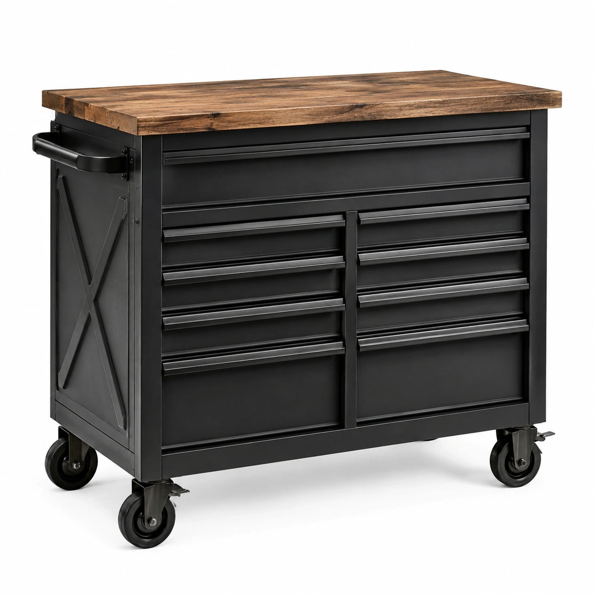 Rollbarer Werkstattwagen 120 x 60 x 90 cm aus schwarzem Metall mit brauner Holzarbeitsplatte
