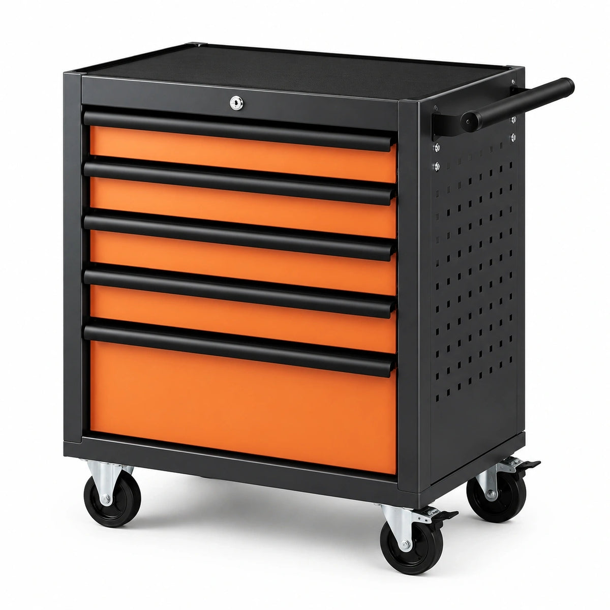 Werkstattwagen aus Stahl, 78 × 46 × 96 cm, Schwarz/Orange, mit 6 Schubladen und Rollen