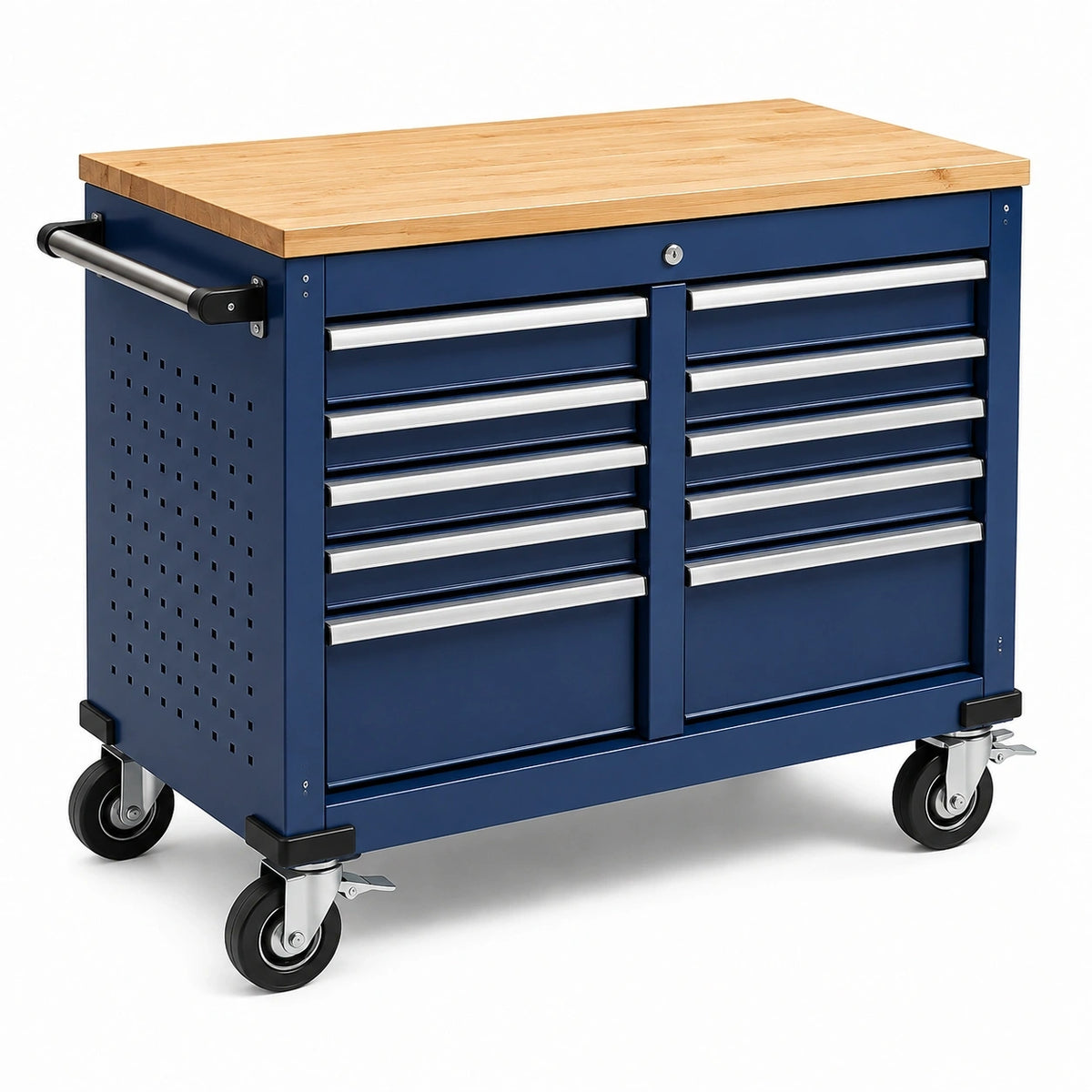 Werkstattwagen aus Stahl mit Bambus-Arbeitsplatte, 9 Schubladen und abschließbarem Fach, 120 x 60 x 90 cm, Blau/Natur/Silber/Schwarz