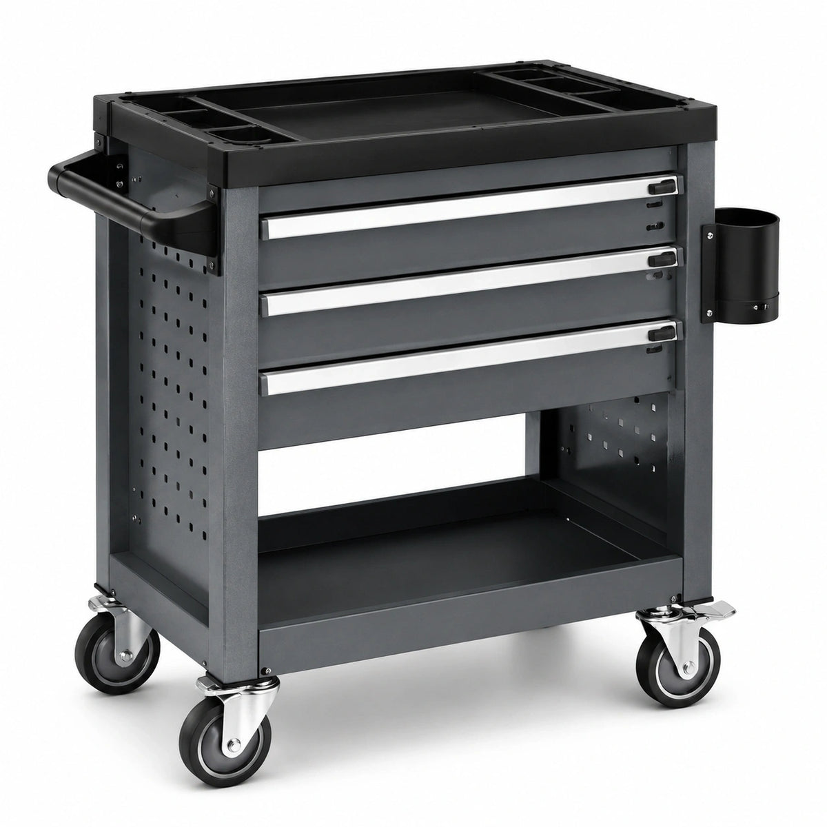 Mobiler Werkstattwagen 78 × 46 × 92 cm in Schwarz/Silber mit 3 Schubladen, Ablagen und Rollen