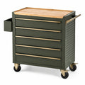 Mobiler Werkstattwagen 77 × 46 × 97 cm aus dunkelgrünem Stahl mit Naturholzplatte, 5 Schubladen und Rollen