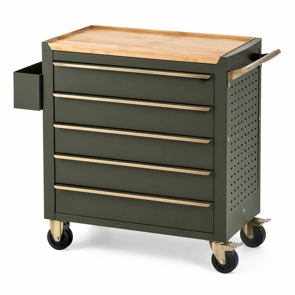 Mobiler Werkstattwagen 77 × 46 × 97 cm aus dunkelgrünem Stahl mit Naturholzplatte, 5 Schubladen und Rollen