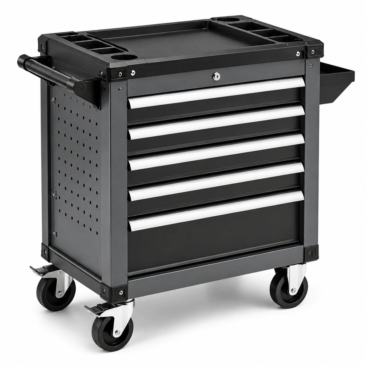 Mobiler Stahlwagen 76 × 46 × 97 cm mit 6 Schubladen, Rollen und Lochblech, Schwarz/Silber
